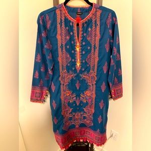 Sapphire Pakistani jacquard embroidered Kurti in teal with pink embroidery